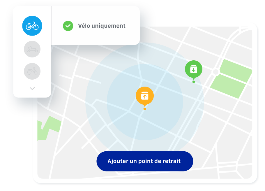 Carte de zone de livraison avec l’option « Vélo uniquement » sélectionnée et des points de retrait en orange et vert